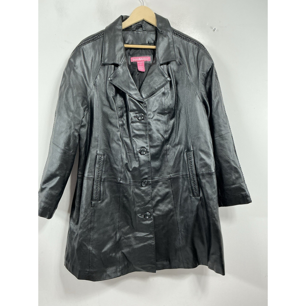 Womans Excellent Cond. Woman Within Lines Leather Button Front Coat 16 W Black